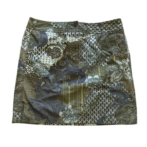 Ann Taylor Womens Paisley Print Skirt Size 14 Green Blue Mini Button Closure - Picture 1 of 5